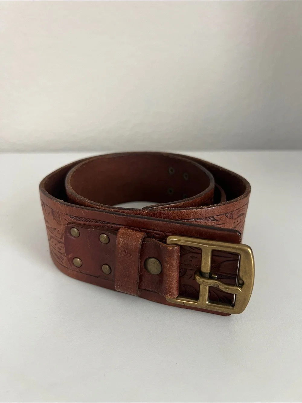 Lauren Ralph Lauren Vintage Western Tooled Leather Belt Brown Brass Boho. Size S